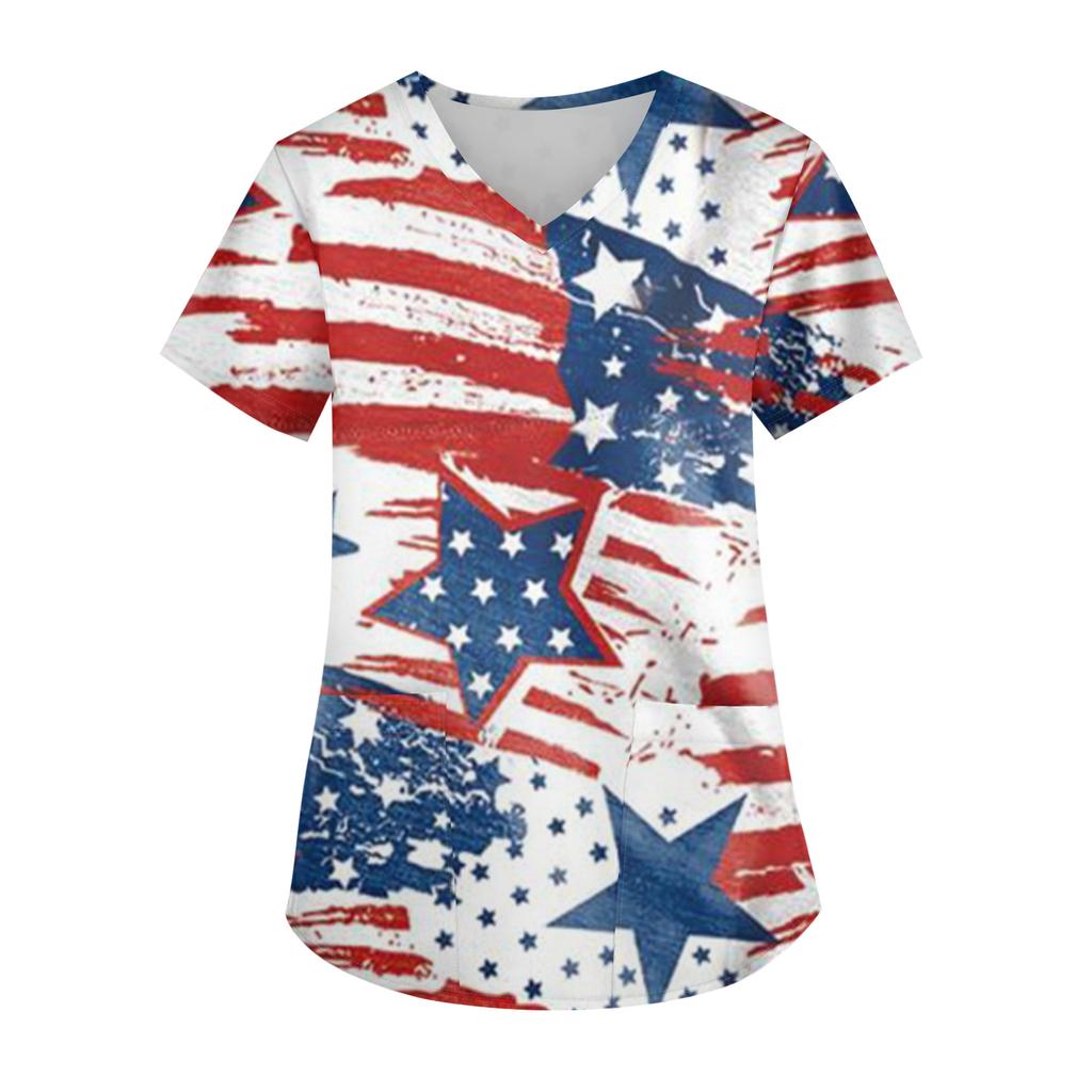 Modisches V-Ausschnitt-Taschen-Kurzarm-Uniform- und Pflegekraft-Oberteil für Damen mit Aufdruck zum Unabhängigkeitstag