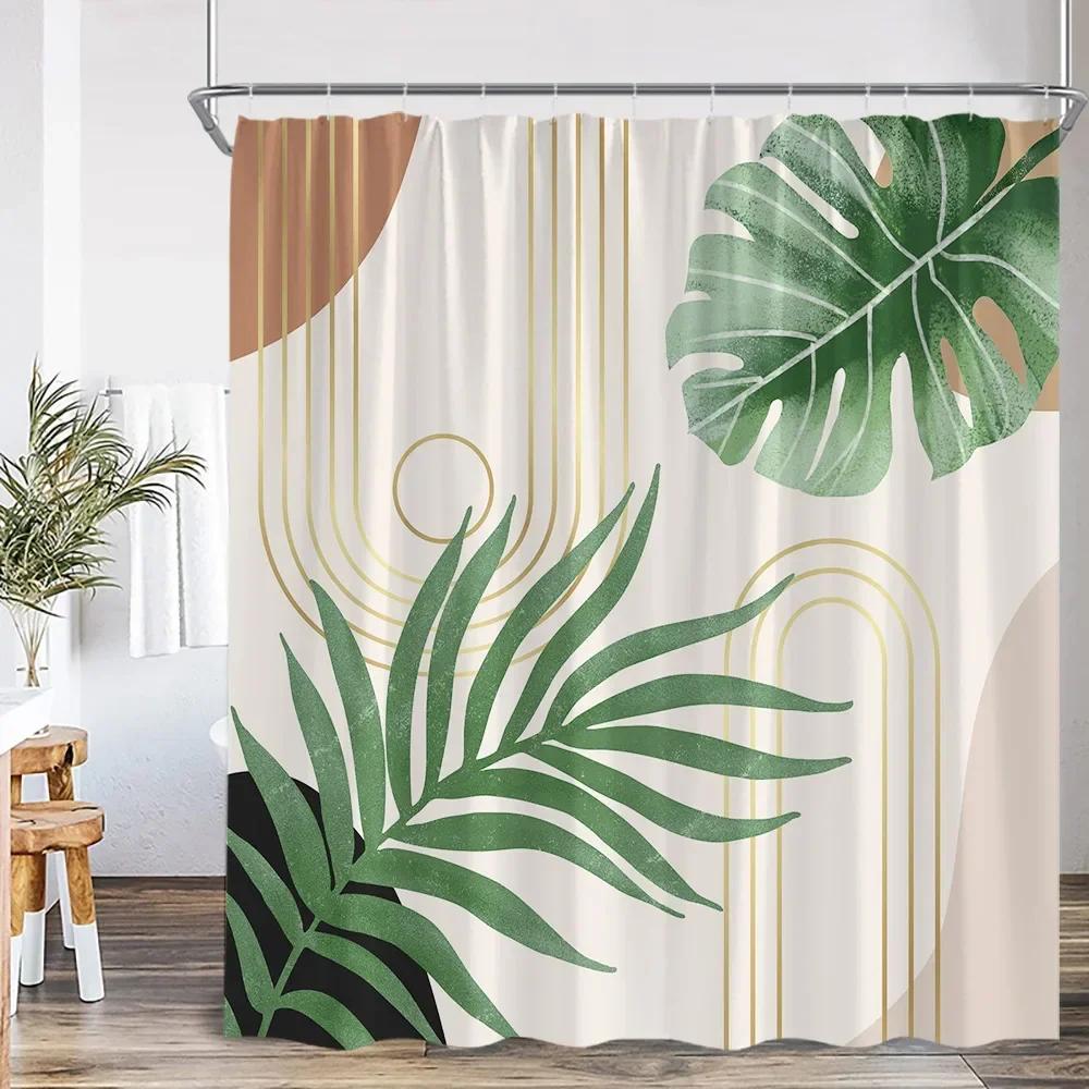 Vintage Abstract Shower Curtain Green Leaf Geometric Nordic Modern Bathtub Decorative Simple Polyester Shower Curtain with Hook