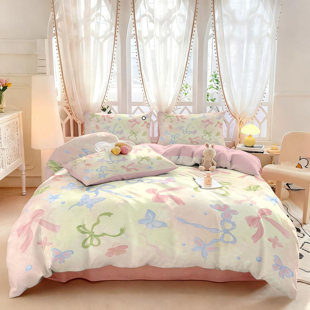3Pcs Pink Dreamy Sweet Bow Printed Coreless Bedding Set Multi Size Bedroom Bedding Decoration Soft And Comfortable