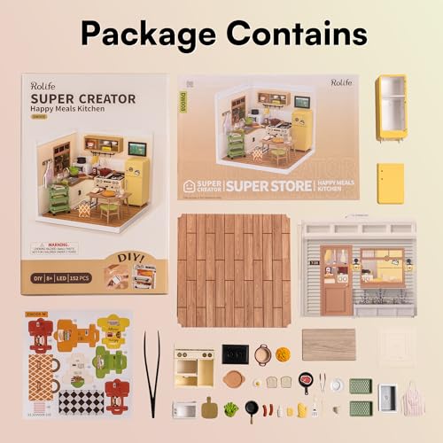 Robotime Plastic Doe-het-zelf Miniatuur Huis Kit, Poppenhuis, Miniatuur Voedsel Speelgoed, Poppenhuis met LED Verlichting, Cadeau, Knutselmontage Vereist "Super Creator" (DW