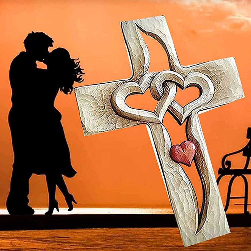 Carved Cross Intertwined Hearts Love Wooden Cross Hand Carved Design for Wall Hanging Home Living Room Decor