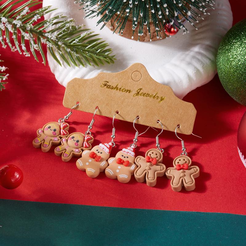 3Pairs Cute Cartoon Christmas Gingerbread Simulated Cookie Resin Dangle Earring Set Women's Christmas Gift Jewelry