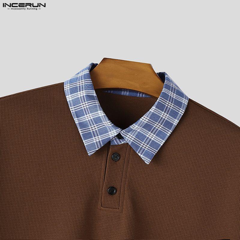 INCERUN Oversized Men Stitching Lapel Neck Short Sleeve Plaid Print Casual Texture T-shirts Tops