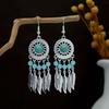 Peacock Tassel Earrings with Hollow Leaf Design in Retro Ethnic Style Imitation Silver for Women