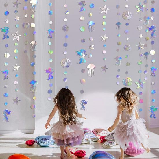 40 Ft Iridescent Mermaid Garland with Jellyfish Seashell Starfish Pearl Holographic Paper Streamer for Little Mermaid Rainbow Theme Birthday