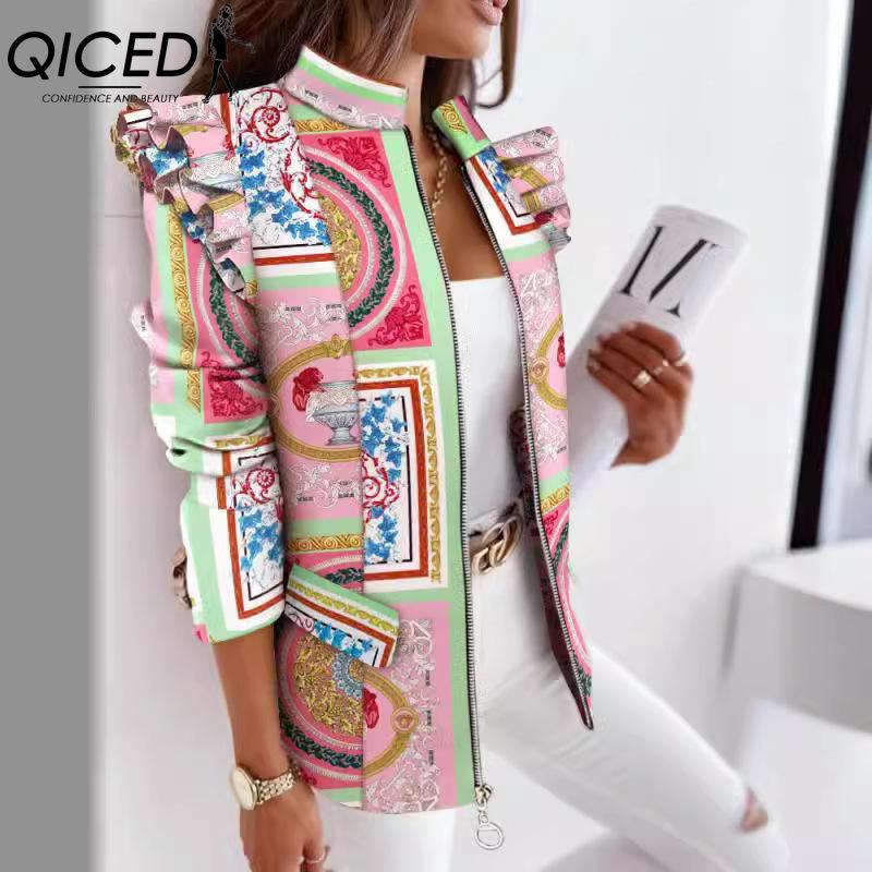 QICED Women's Vintage Casual Lattice Print Autumn Winter Long Sleeve Jackets & Coats