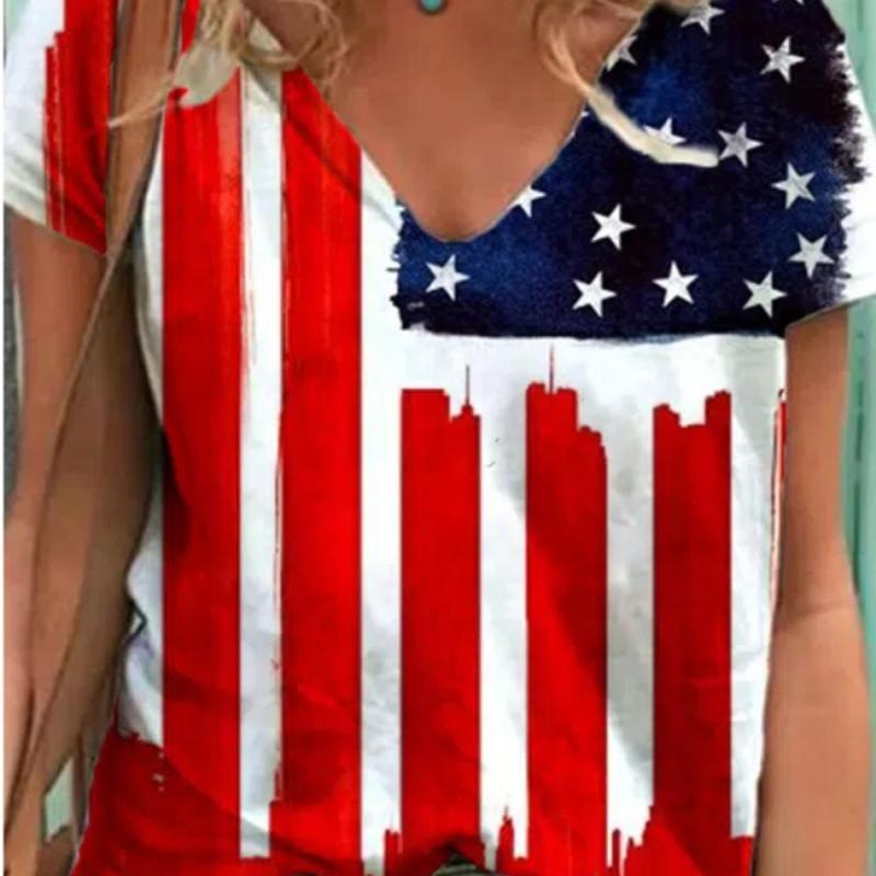 2022 Женские футболки с принтом американского флага и V-образным вырезом Одежда Женские — фото 6