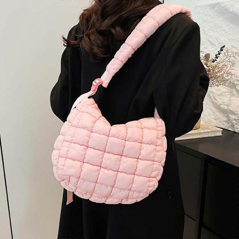 Women Quilted Puffer Shoulder Bag Lightweight Crossbody Satchel Handbag with Adjustable Strap for Travel Work Shopping  White