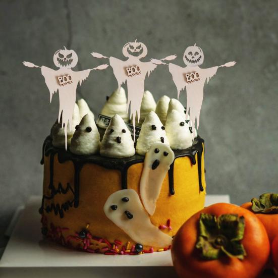 3 Pcs Halloween Cupcake Toppers Spooky Pumpkin Ghost Wooden Cupcake Pick for Halloween Theme Baby Shower Birthday Party Cake Decoration