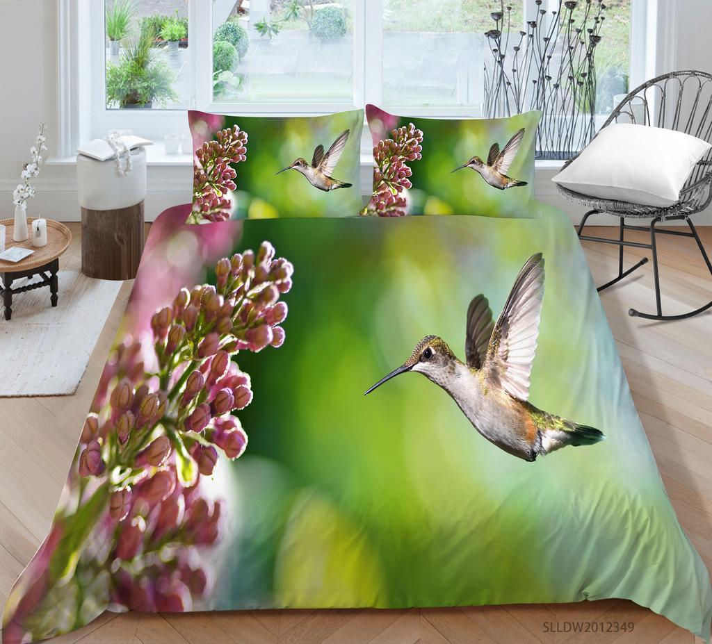 Hummingbird Duvet Cover Set King/Queen Size Small And Cute Tropical Bird Yellow Flower Green Leaves  Bedding Set Women