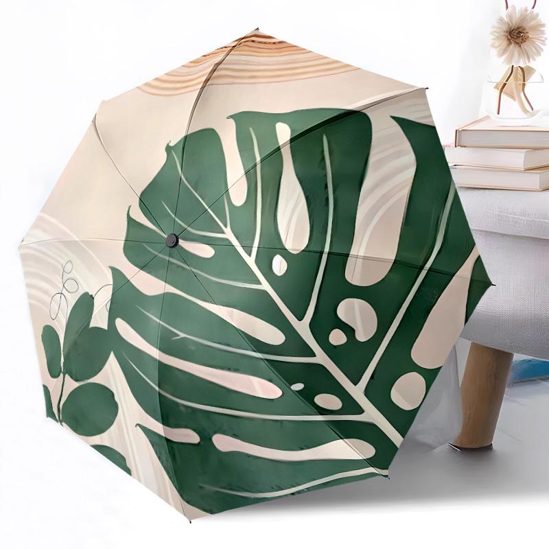 Tropical Leaf Pattern Compact Travel Automatic Umbrella Compact & Durable 8-Rib Design Foldable Design for Outdoor Daily Use Elegant Umbrella