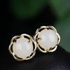 Retro Ethnic Style Jade Flower Earrings, 925 Silver Gold Plated, Inlaid Hetian Jade Studs for Women