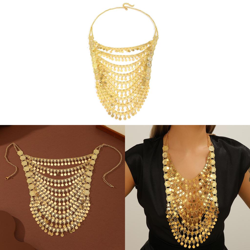 Halsband med mynthänge i guldlegering och flerskiktade tofsar för kvinnor sommar