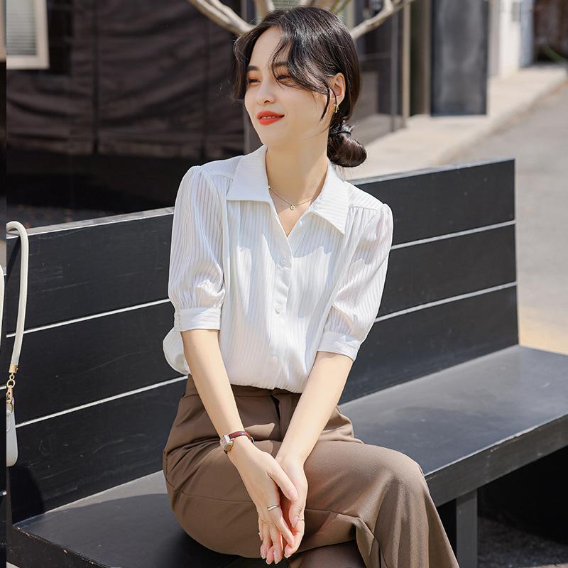 Positive Shoulder Short-sleeved Chiffon Shirt Women's Summer V-neck Blouse Shirt Tops