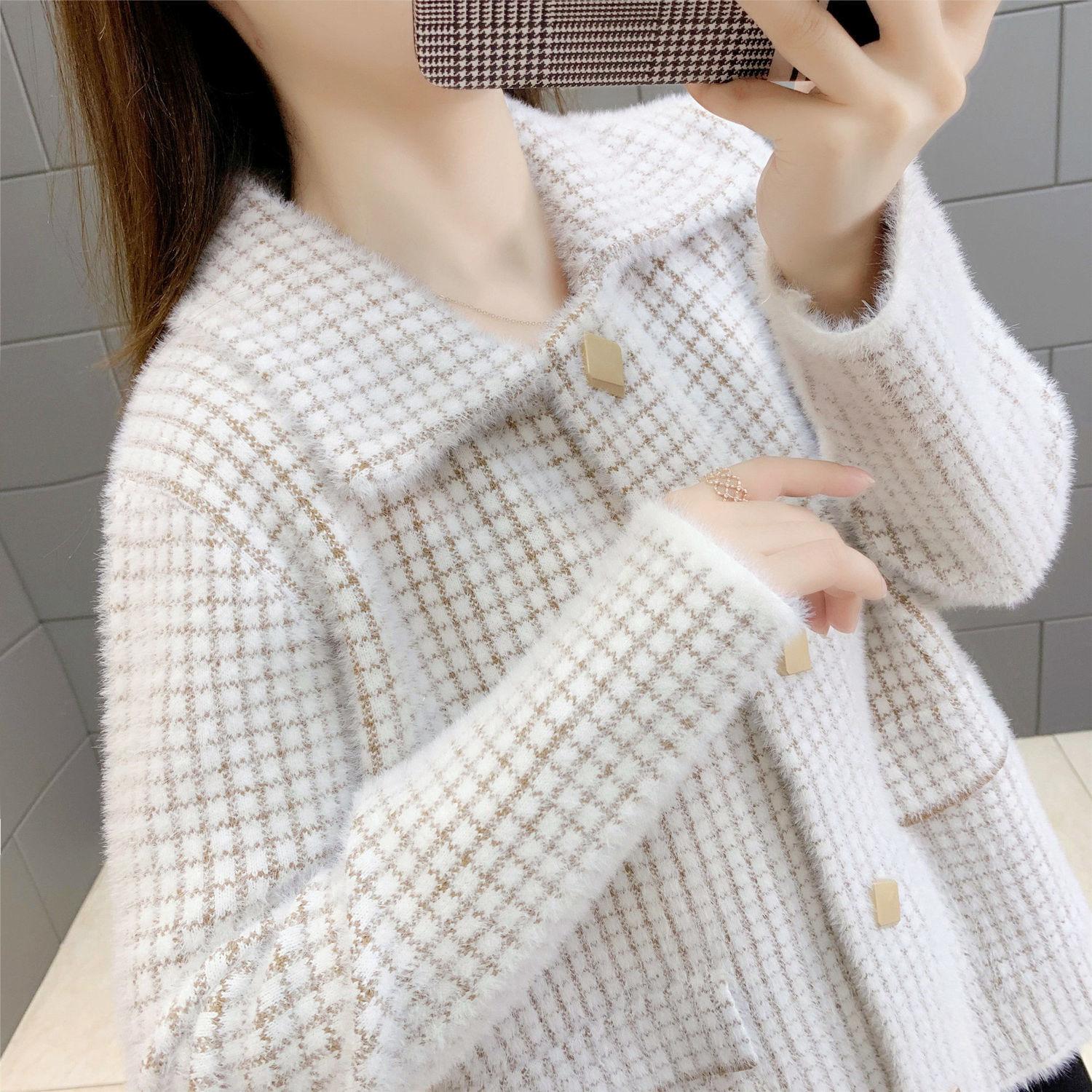 

Зимнее высококачественное клетчатое пальто, женский вязаный кардиган, свободный короткий шерстяной свитер XXL хаки