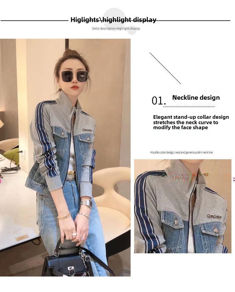 Women's 2023 Korean-Style Retro Patchwork Denim Jacket - Age-Reducing Short Zipper Stand Collar, Long-Sleeved Top for Spring