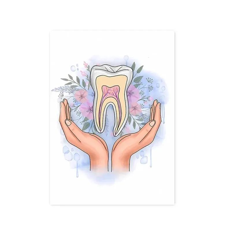 Abstract Watercolor Teeth Anatomy Flower Posters and Prints Dentist Wall Art Pictures Canvas Painting for Clinic Home Decoration