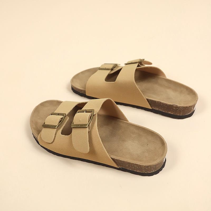 Retro Dicksohlige Boken Schuhe für Damen Sommer Doppelschnalle Rundzehen-Slipper Rutschfeste Strandschuhe