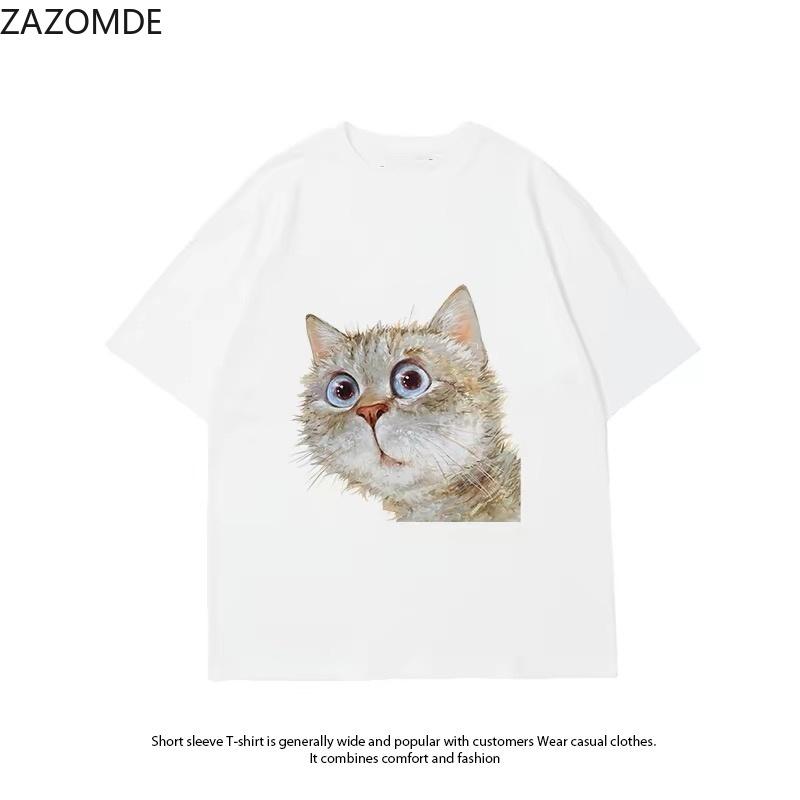 ZAZOMDE Cute Surprised Kitten Oil Painting Print Tshirt Soft Cotton Oversized Short Sleeve Tee Fashion Streetwear For Cat Lovers