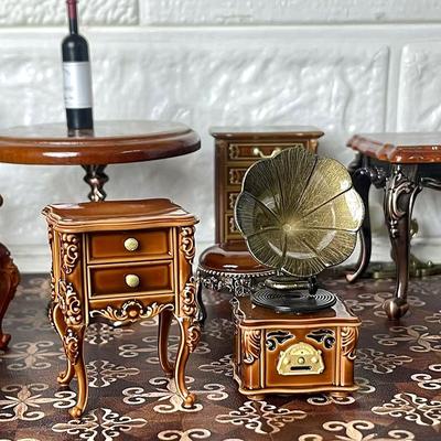 2Pcs/Set 1:12 Dollhouse Miniature Retro Mini Phonograph Cabinet Set Can Play Songs Doll Home Living Room Furniture Decor Toy