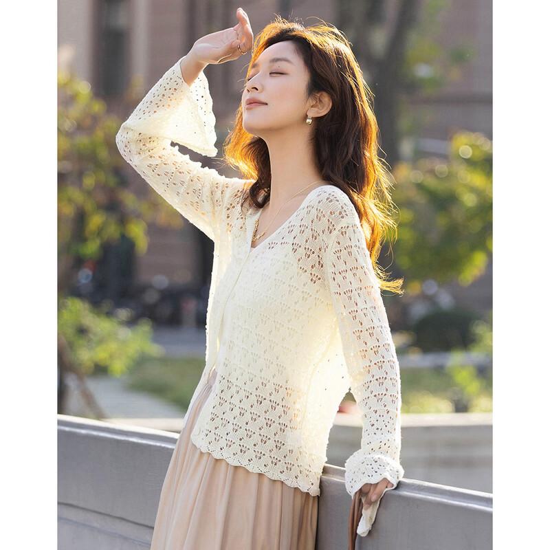 Demana Elegant V-Neck Crochet Flare Sleeve Knit Sweater M