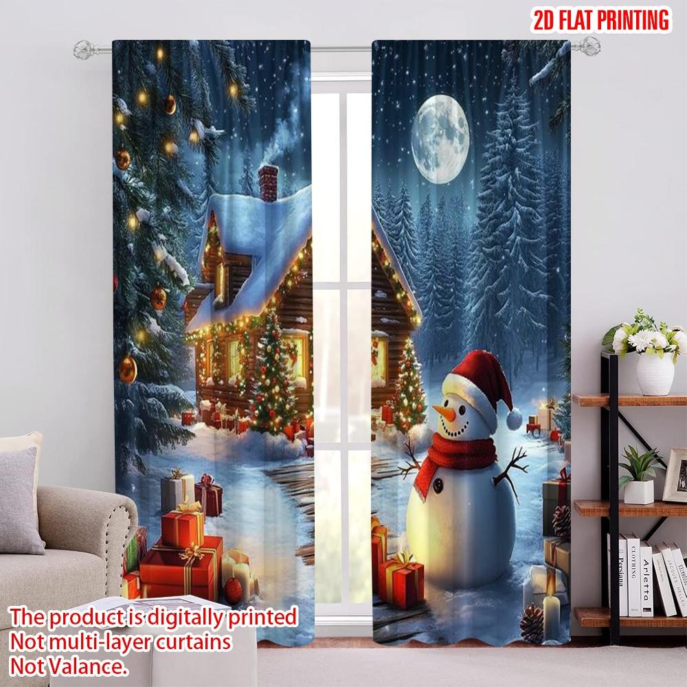 

Flat Printing Christmas Drapes Holiday Snowman Polyester Without Electricity Festive Curtain Set Of 2 Made Washable W100*H70(CM)-Grommet top&1PCS