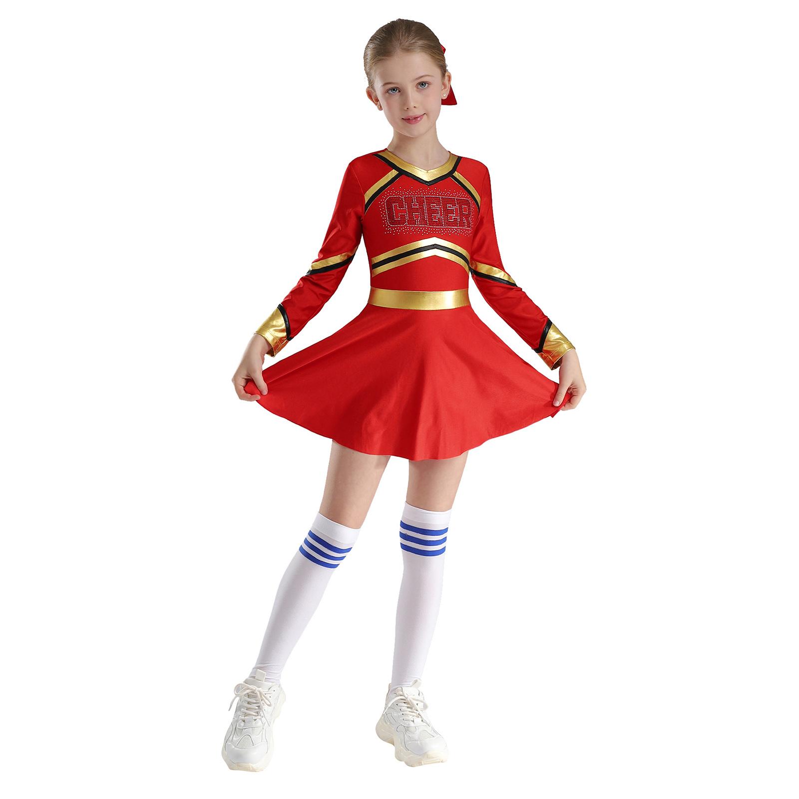

Костюм Cheer Leader для дівчат Блискуча танцювальна сукня з довгим рукавом для групи підтримки 11-12 Years червоний