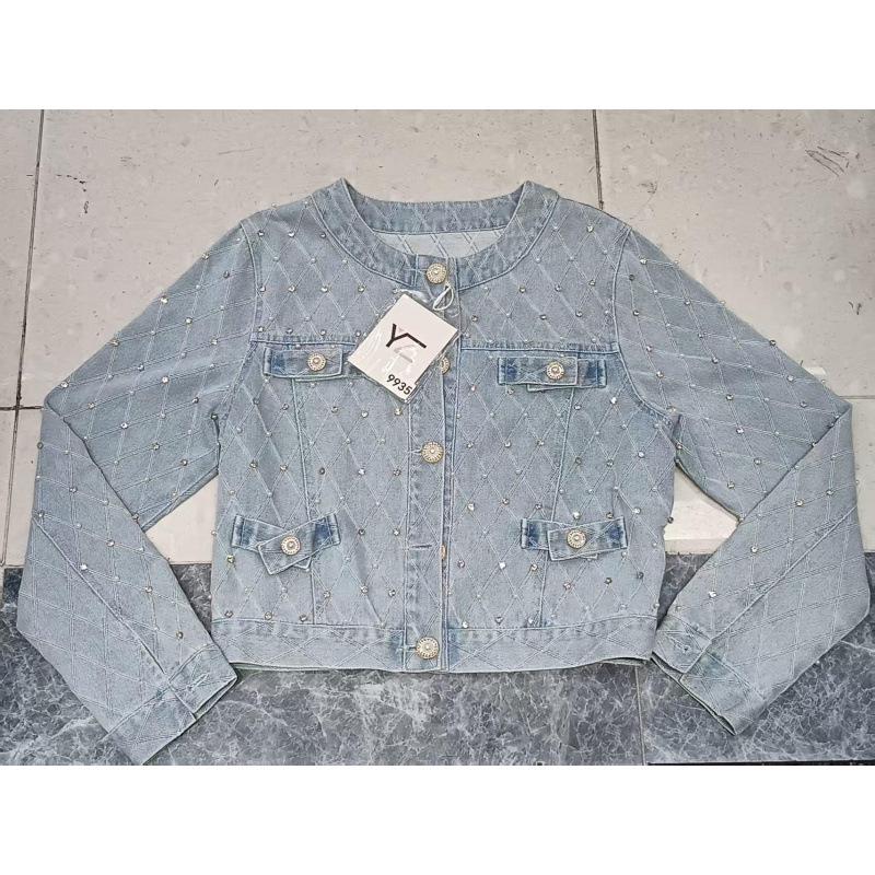 2025 Spring/Fall Beaded Slim Denim Jacket with Diamond Quilting