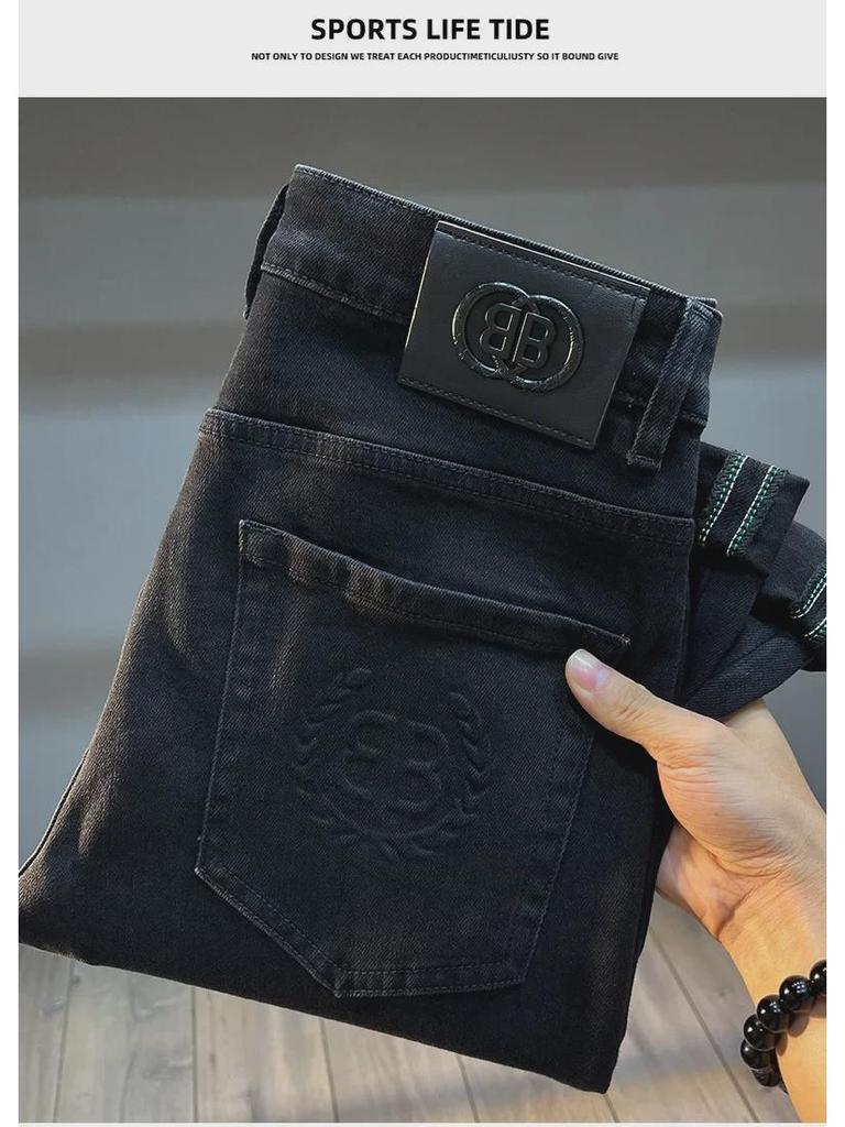Men's Slim Fit Elastic Embossed Jeans - Black European Autumn/Winter Collection