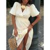 French V-neck Elegant Coffee Break Dress For Women With Hollow Design