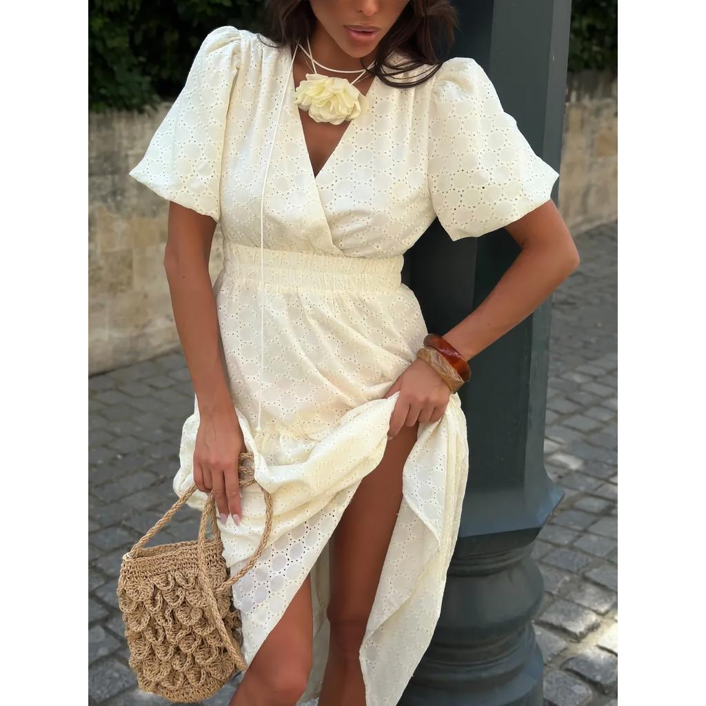 French V-neck Elegant Coffee Break Dress For Women With Hollow Design