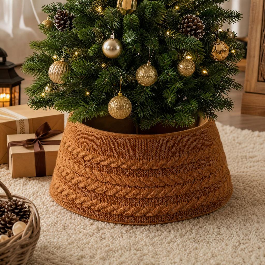 Knitted Christmas Tree Skirt, Quilted Tree Base Cover for Holiday Decor