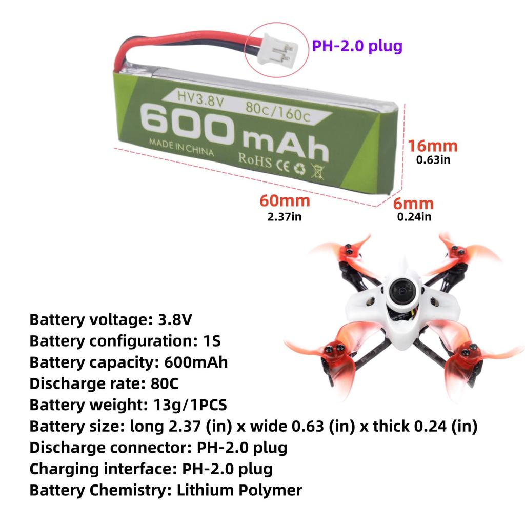 2 BUC 1S 3.8V 80C 600mAh Baterie Litiu cu Conector Plug JST PH-2.0 și Cablu de Încărcare USB pentru Drone RC Cinewhoop Tinyhawk Micro FPV Racing Car