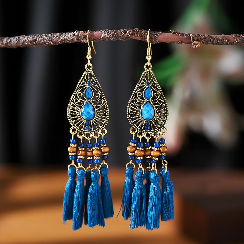 Bohemian Ethnic Style Tassel Earrings for Women Retro Waterdrop Round Fan Shaped Handmade Beaded Dangle Earring Lady Jewelry