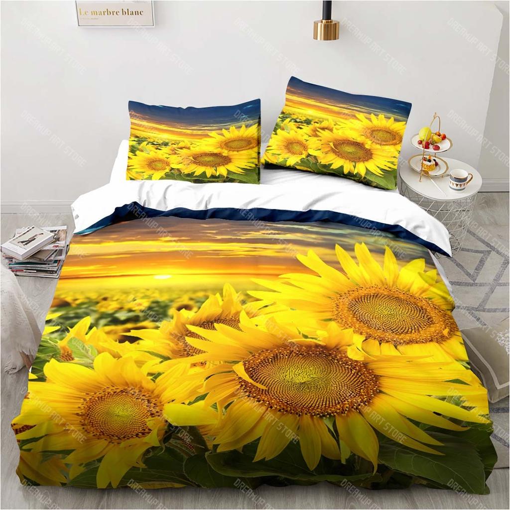 3D Sunflower Printing Set Bedding Floral Pattern Three-piece Set Living Room Bedroom Home Decoration Pillowcase Quilt Cover Gift