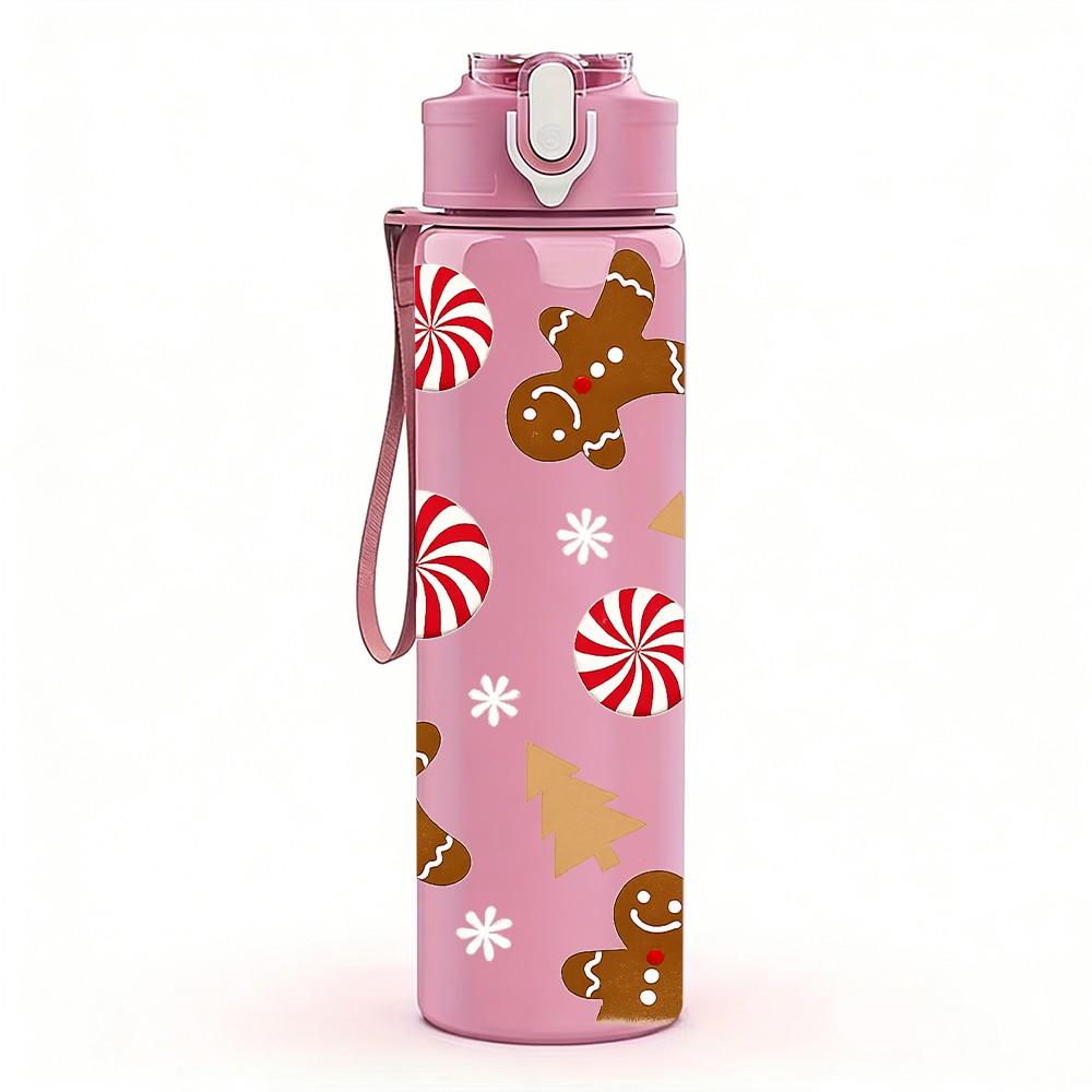 1PC Gingerbread Man Candy Christmas Print 750ml Color Plastic Sports Water Bottle Leakproof Flip Straw Lid Suitable for Sports Office Home Use