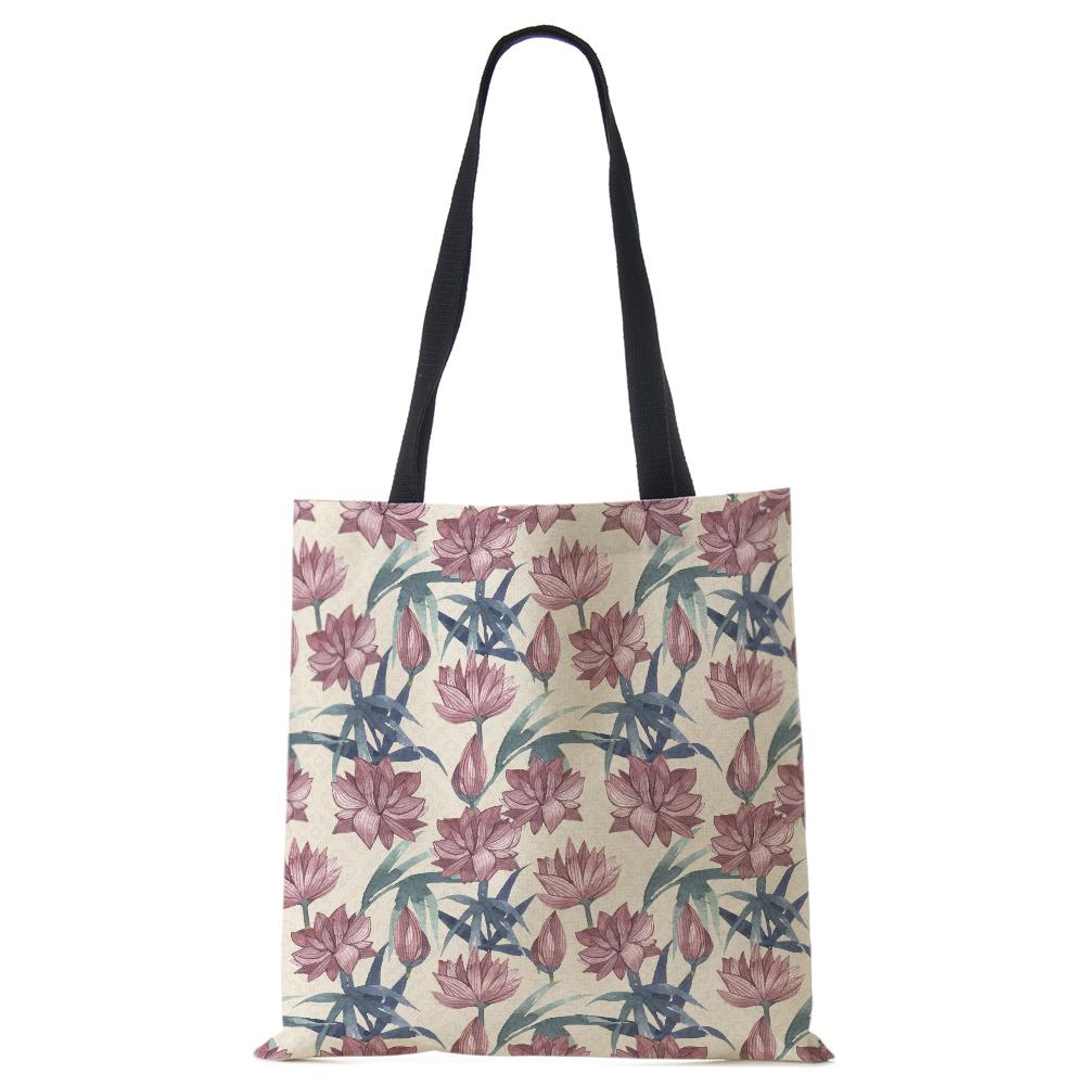 Lotus Leaf Bamboo Print Shopping Bags Women Folding Reusable Tote Shoulder Bag Scenery Canvas Casual Groceries Handbags 2022 CLE