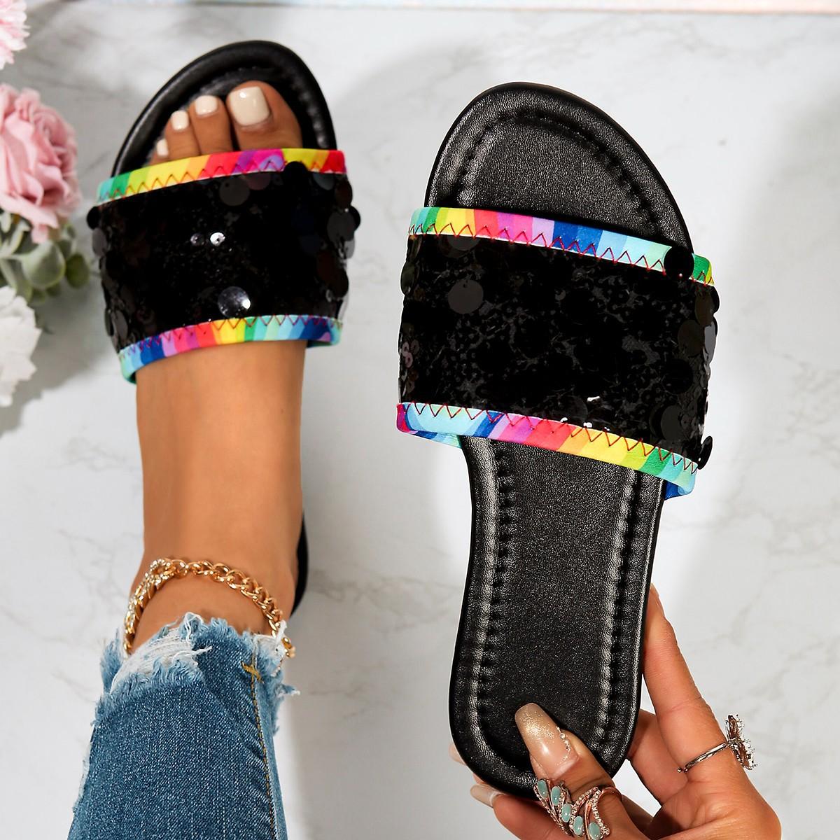 

One-word slippers women s summer wear new fashionable versatile sequined flat-bottomed open-toed beach cool slippers 35