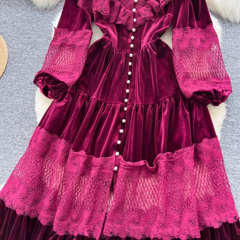 High Street Kleider Frauen Retro Hohle Spitze Patchwork Gold Samt Kleid Französisch Perle Schnalle Taille Länge Vintage Chic Kleider