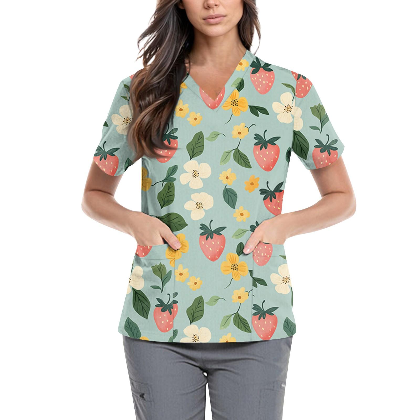 

Женская симпатичная принтованная рабочая одежда с V-образным вырезом, двухслойными карманами, базовым коротким рукавом, пуловером ко Дню святого Валентина XXXL зелёный