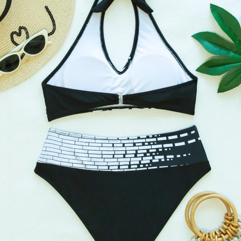 Damen Schwarz Weiß Geometrisches Neckholder-Bikini-Set Wickel-Front Hohe Taille Zweiteiliger Badeanzug