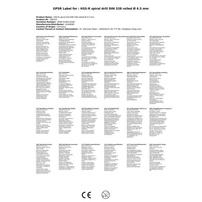 Foret hélicoïdal HSS-R DIN 338 laminé Ø 4,5 mm