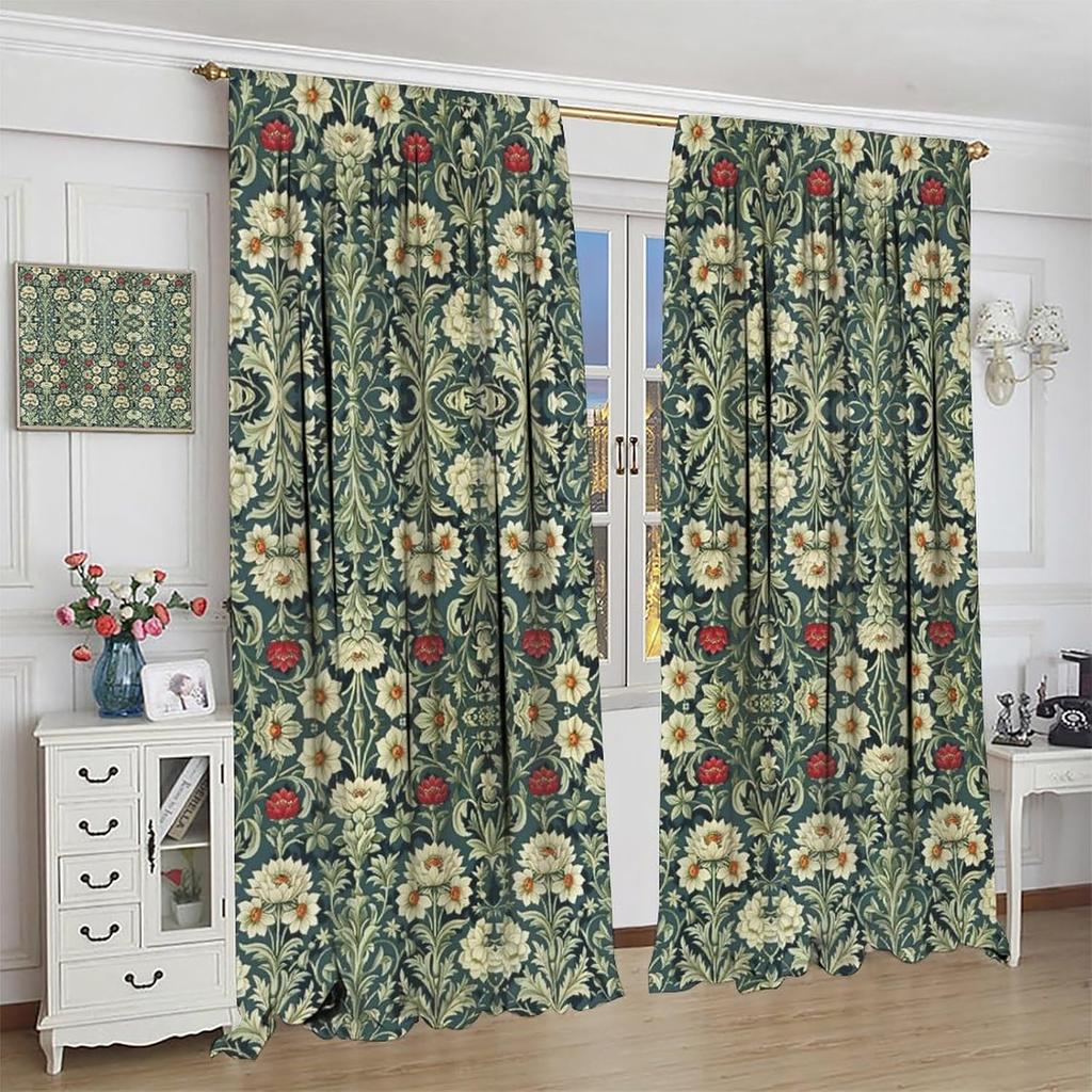 Set Of 2 Bohemian Floral Green Curtains Style Morris Tree Pattern Living Room Bedroom Curtain Polyester Perfect For