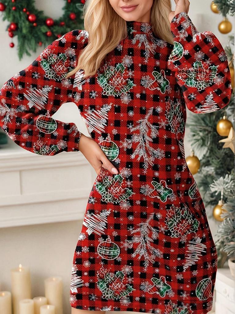 2023 Winter Christmas Print Slim Lantern Sleeve Dress