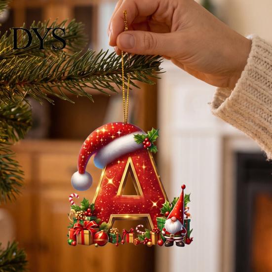 Christmas Tree Decorations 26 Pcs Letters Ornaments, A-Z Alphabet Acrylic Hanging Ornament Decoration, Personalized Initial Pendant with Santa Hat for