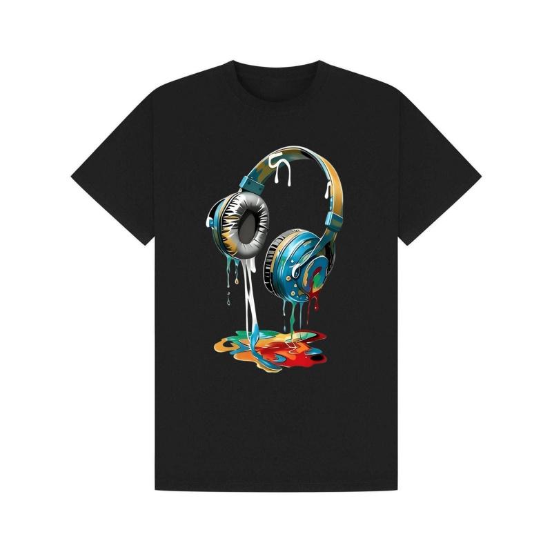 Ανδρικό Γραφικό T-Shirt Μουσικής & Τέχνης - Σχέδιο με Ακουστικά & Εκτόξευση Χρώματος με Κυματομορφή Ήχου & Ρυθμό Εμπνευσμένο από DJ, Βαμβακερό Χαλαρή Εφαρμογή Διαπνέον