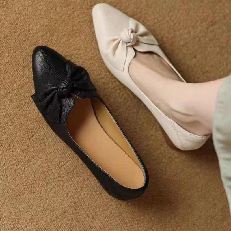 Fashion Moccasins Low Heel Elegant Pointed Toe Ladies Pumps with Bow Chunky Heels Block Women's Shoes Lastest Quick Delivery Footwear 39