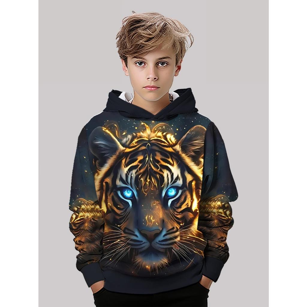 3D Digital Printed Fantasy Tiger Cool Pattern Hooded Sweatshirt, Fashionable and Trendy Casual Children's Clothing, Suitable for Boys To Go Out