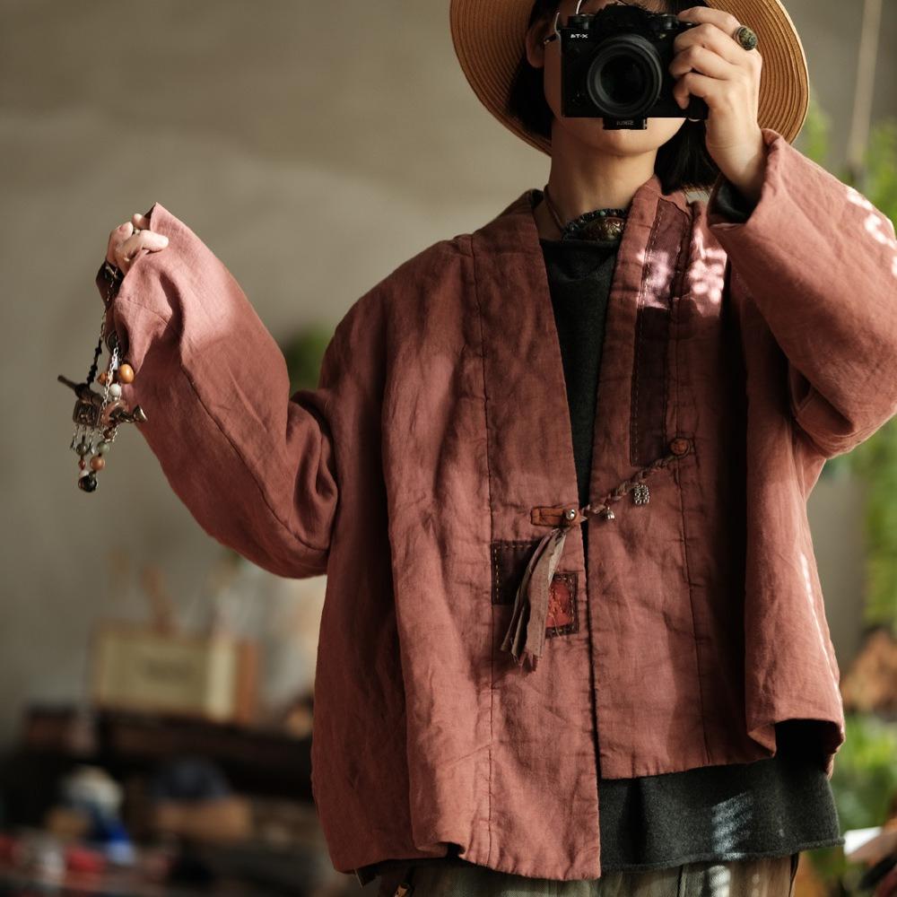 Johnature Vintage Women Patchwork V-Neck Long Sleeve Coats Autumn Single Button Coats