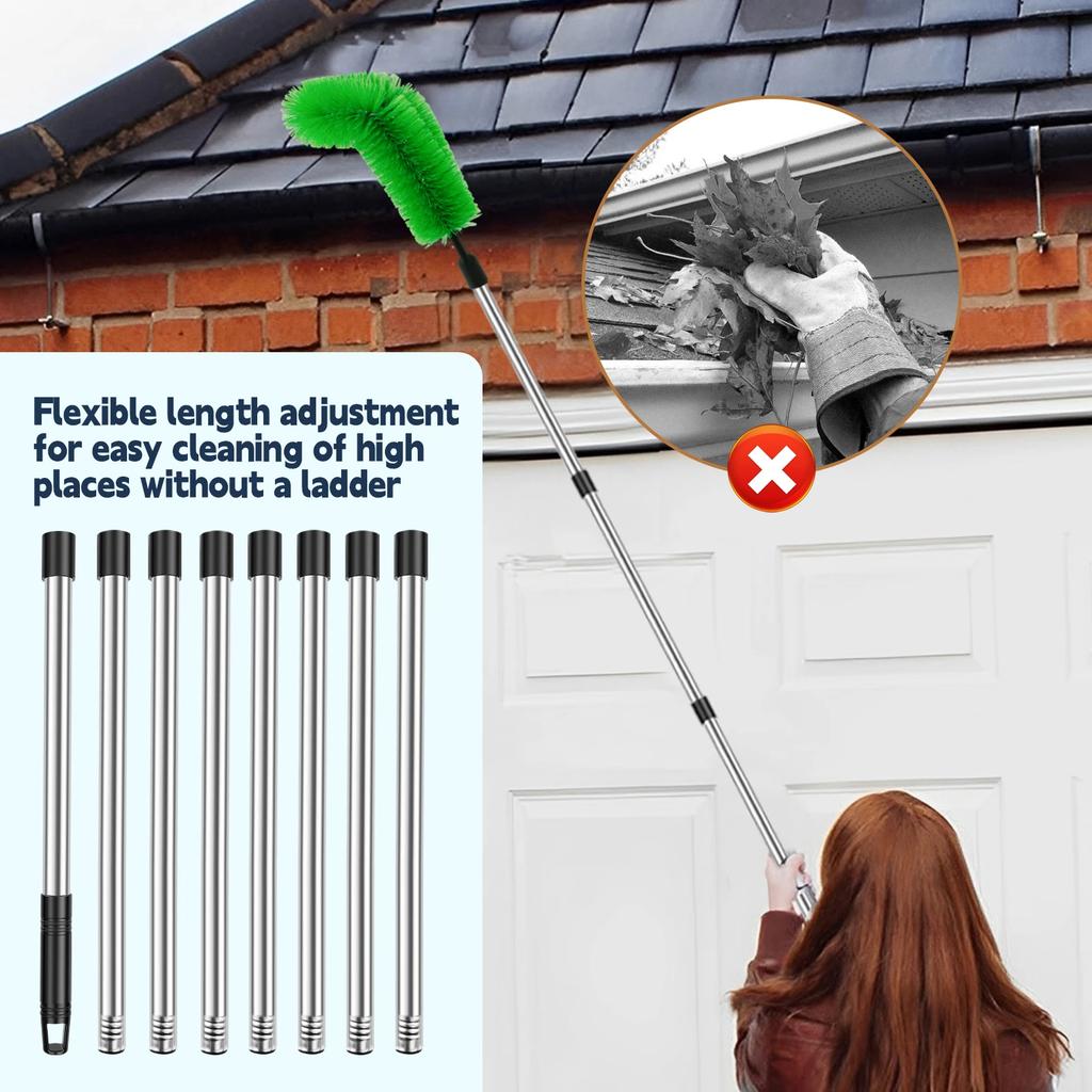 Gutter Cleaning Brush Telescopic Gutter Clean Tools with 2 Brush Heads and 8 Stainless Steel Tube Total length 320cm for Home